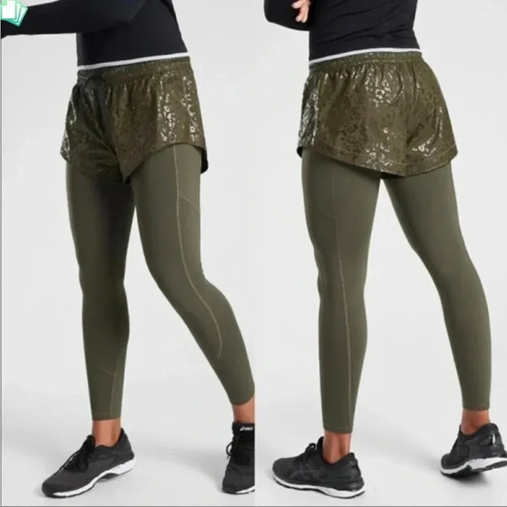 Athleta Olive Green Leggings with Overlay